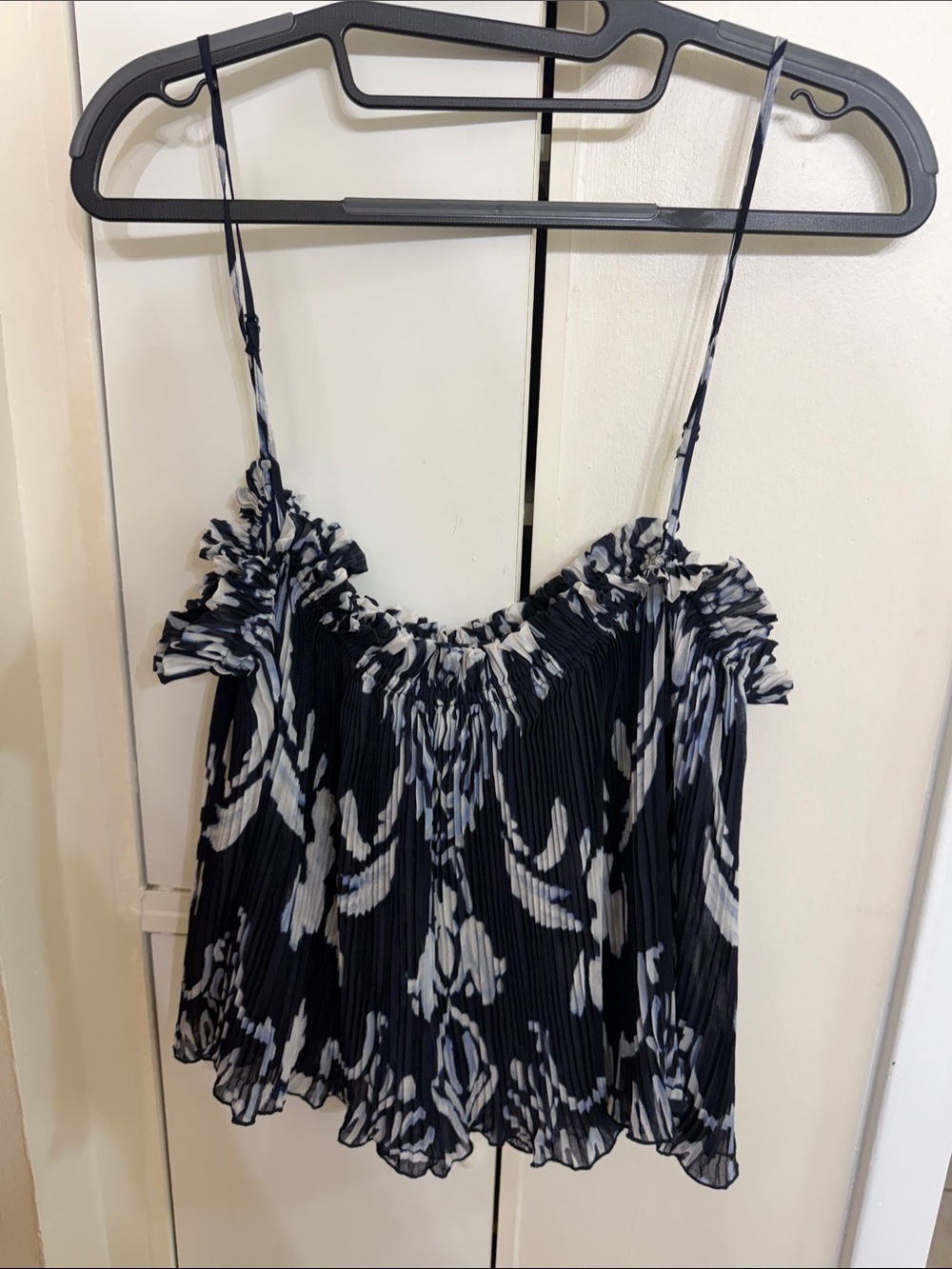 H&M Navy and White Pleated Ruffle Cami Top